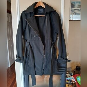 Steve Madden Black Asymmetrical Zip Fleece Lined Hooded Coat Size S/P